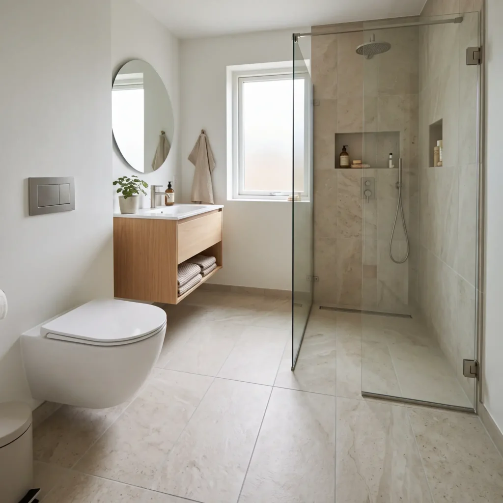 Flush curbless small bathroom floor with limestone-look porcelain tile extending straight into the walk-in shower.