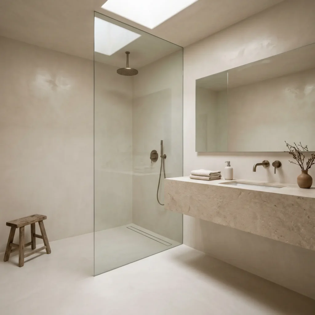 Curbless modern wet room bathroom finished in seamless bone Tadelakt plaster with brushed bronze fixtures.