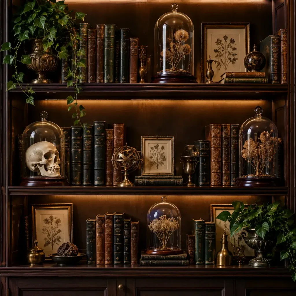 Dark academia style bookshelf styled with glass cloches, old books, and amber bottles for Halloween.