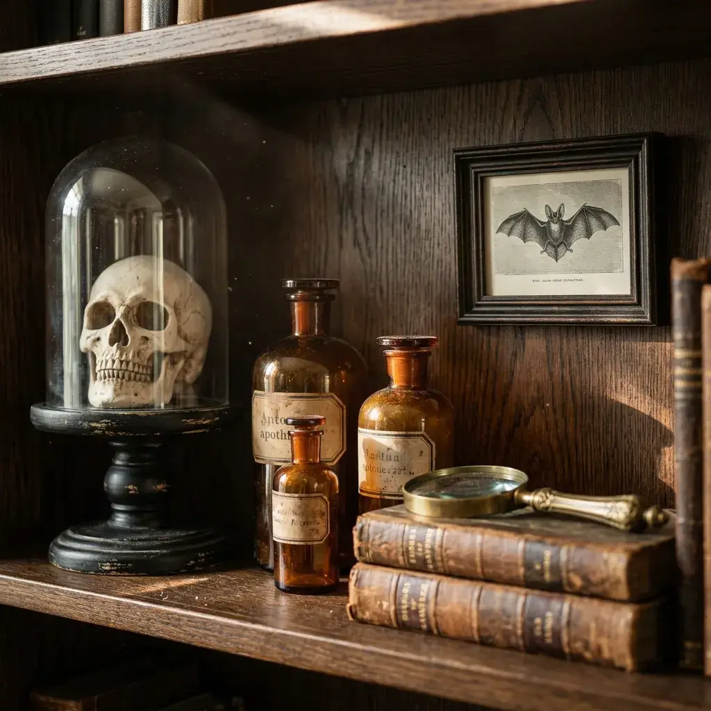 Bookshelf display featuring a glass cloche with skull, amber apothecary jars, and vintage framed anatomical prints.
