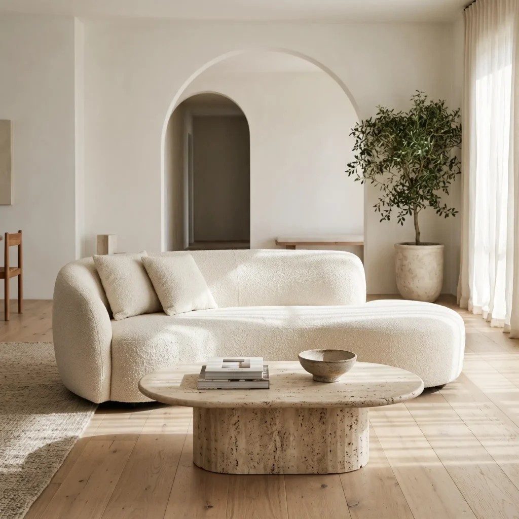 Living room with a curved cream bouclé sofa and an oval travertine coffee table on white oak floors.