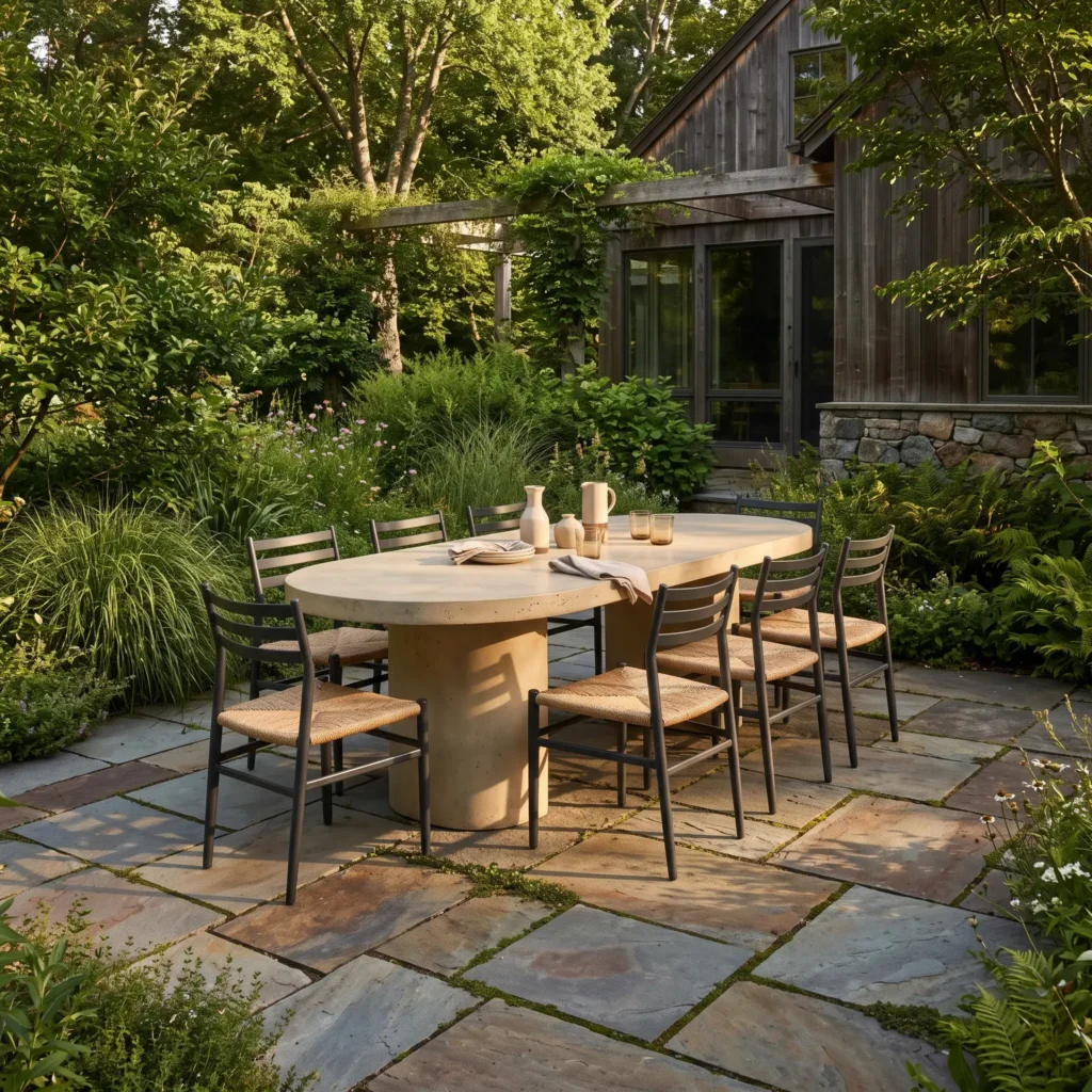 Outdoor dining terrace with a curved concrete dining table, woven chairs, and natural bluestone flagstone pavers.