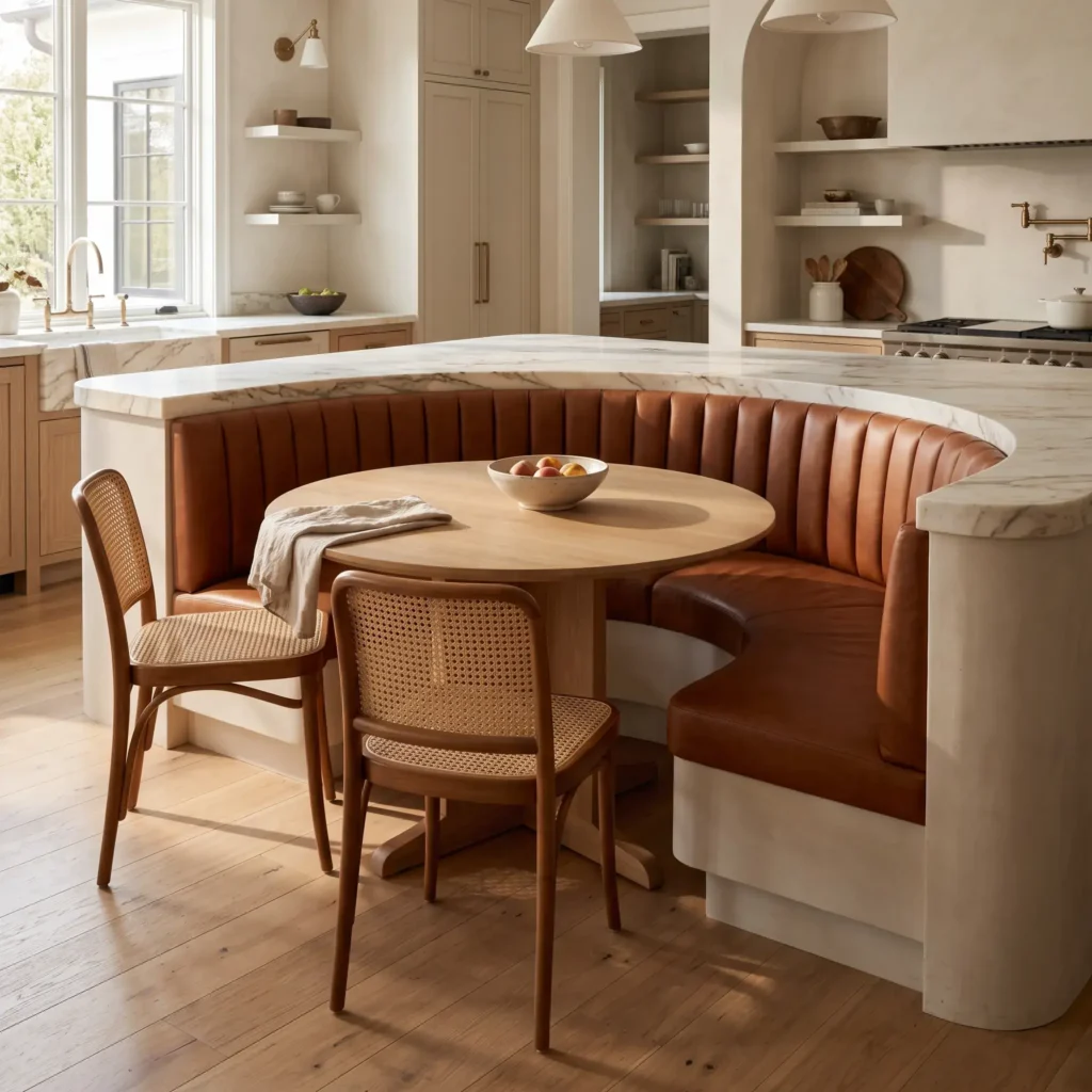 Curved kitchen island with rounded stone edges and an attached cognac leather banquette dining nook.
