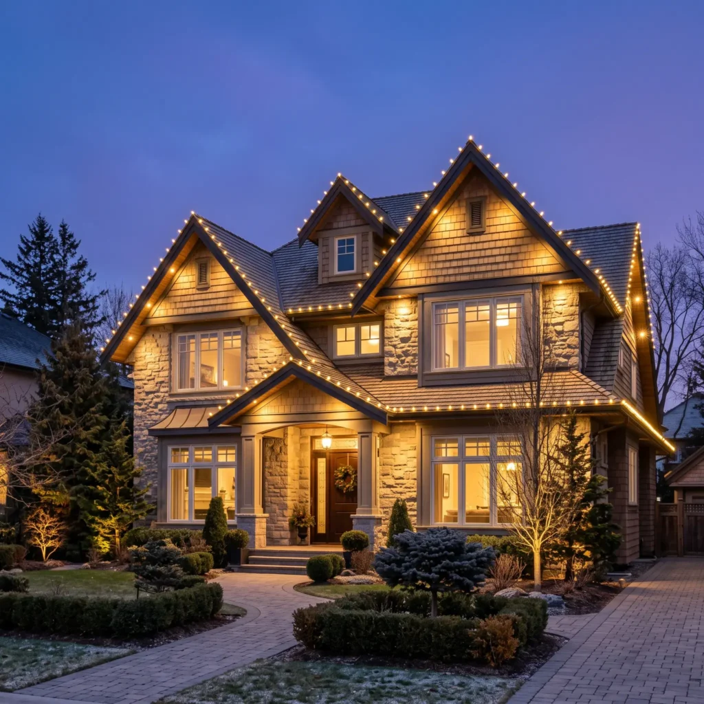Two-story home featuring sharp, custom-cut C9 warm white ceramic LED roofline lights aligned across all eaves and gables.