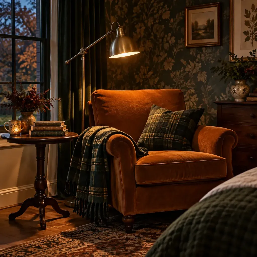Cozy bedroom corner featuring a velvet armchair, wool tartan blanket, small walnut table, and a brass task lamp.