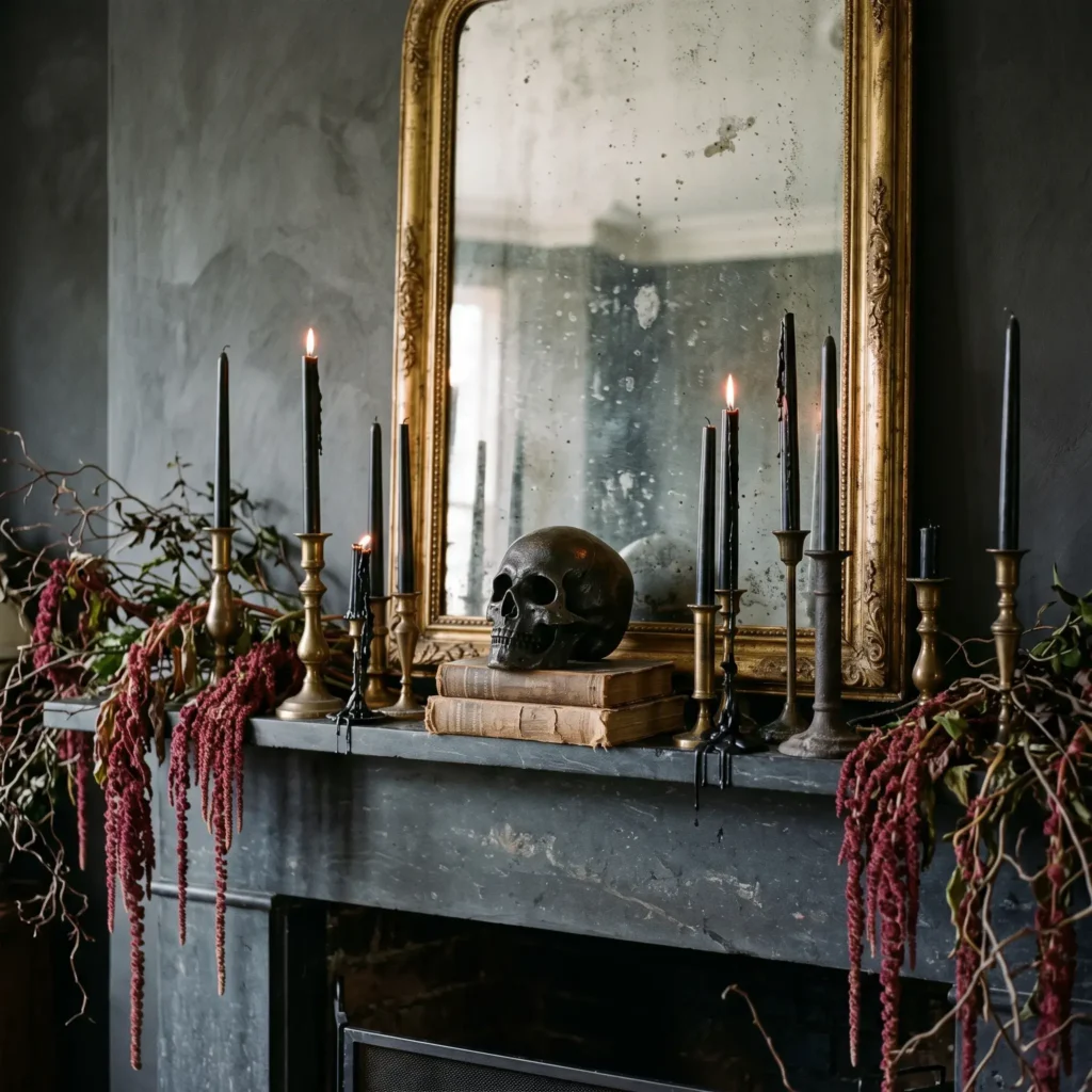Moody fireplace mantel styled with blackened brass skull, black taper candles, and cascading dried amaranthus.