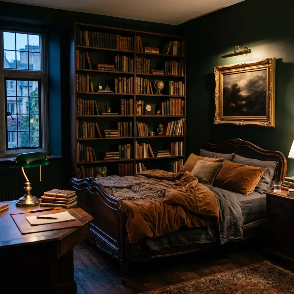 Dark academia bedroom with black-green walls, built-in bookshelves, antique gold frames, and a leather armchair.