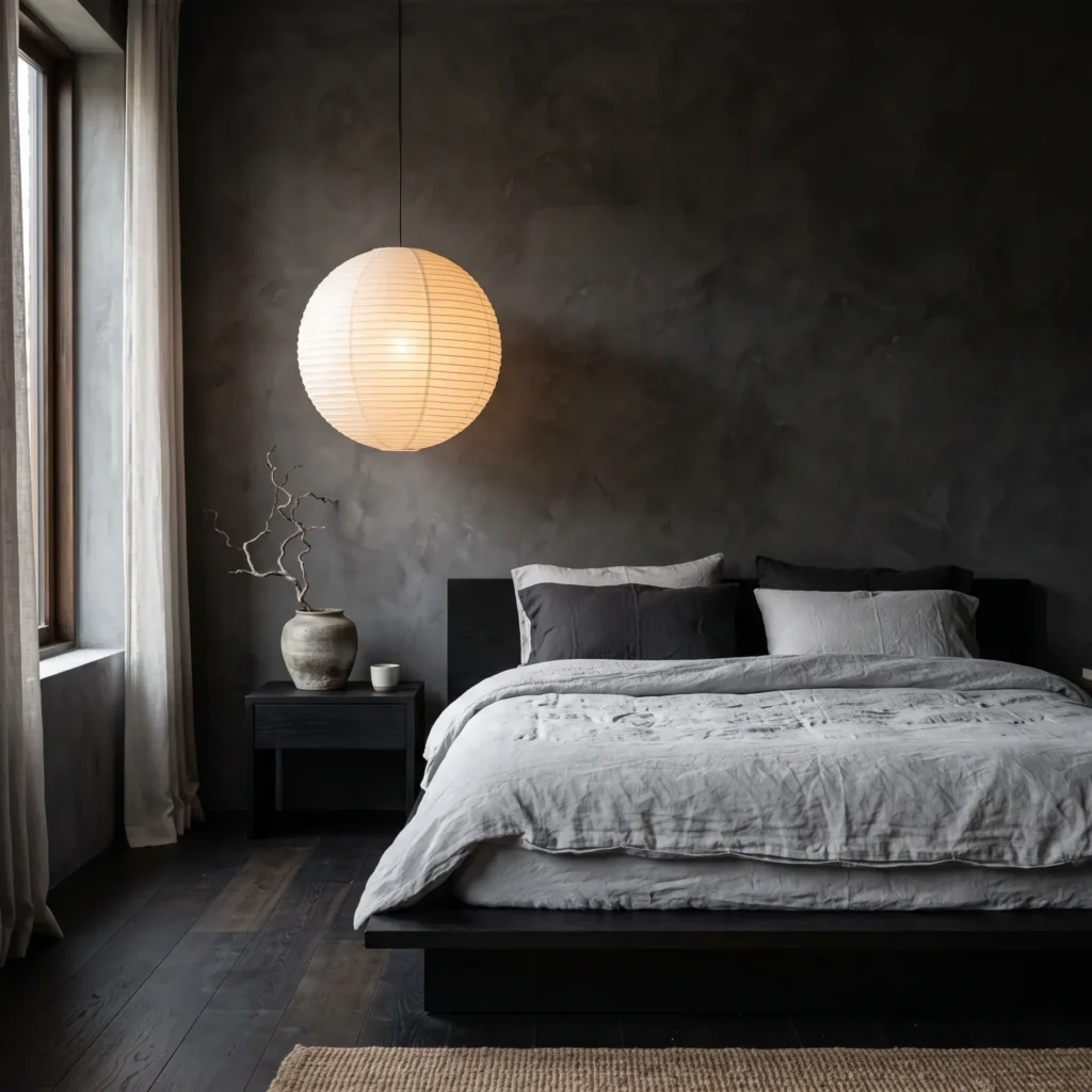 Minimalist dark bedroom with textured charcoal limewash walls, a large paper pendant lamp, and low oak platform bed.