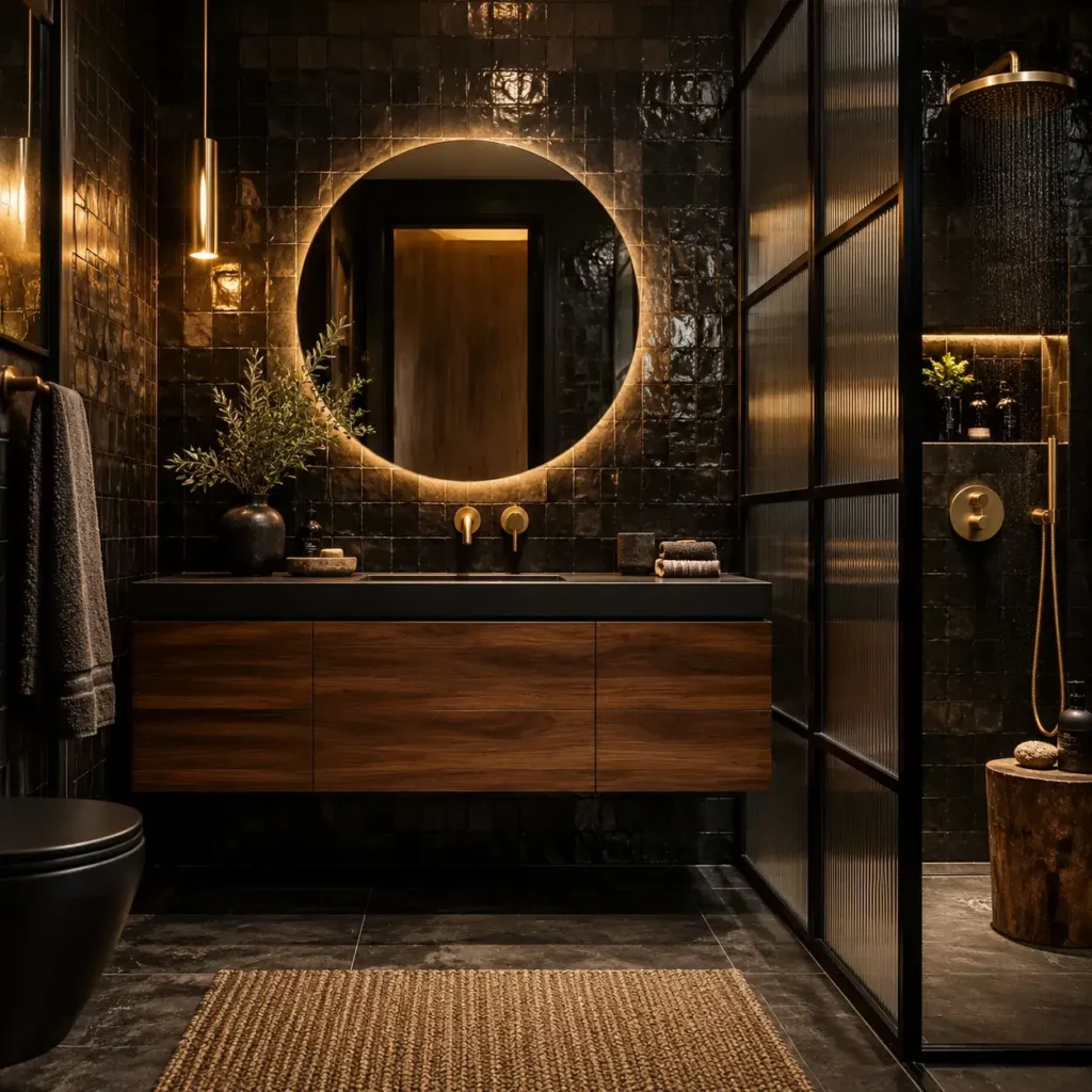 Dark and moody bathroom with handmade charcoal zellige tiles, American walnut floating vanity, and brushed brass fixtures.