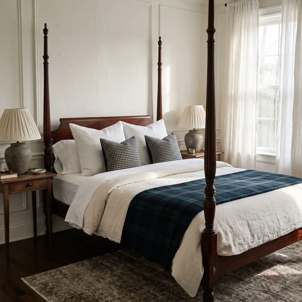 Dark mahogany four-poster bed dressed with white linen sheets and a folded Black Watch plaid wool blanket.