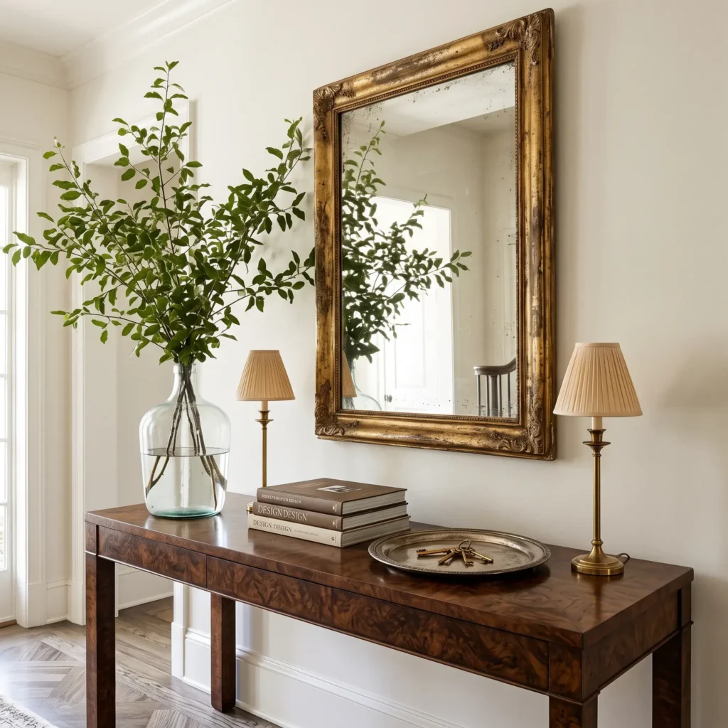 Antique dark wood entryway console table holding a vintage silver tray and an oversized vase of hydrangeas.