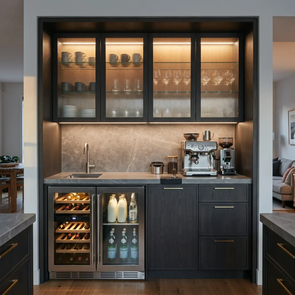 Built in home beverage center featuring espresso equipment on top and an undercounter wine cooler below.