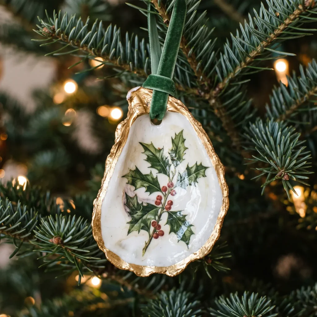 Handmade holiday Christmas ornament made from a gilded decoupaged oyster shell hanging on an evergreen pine branch.