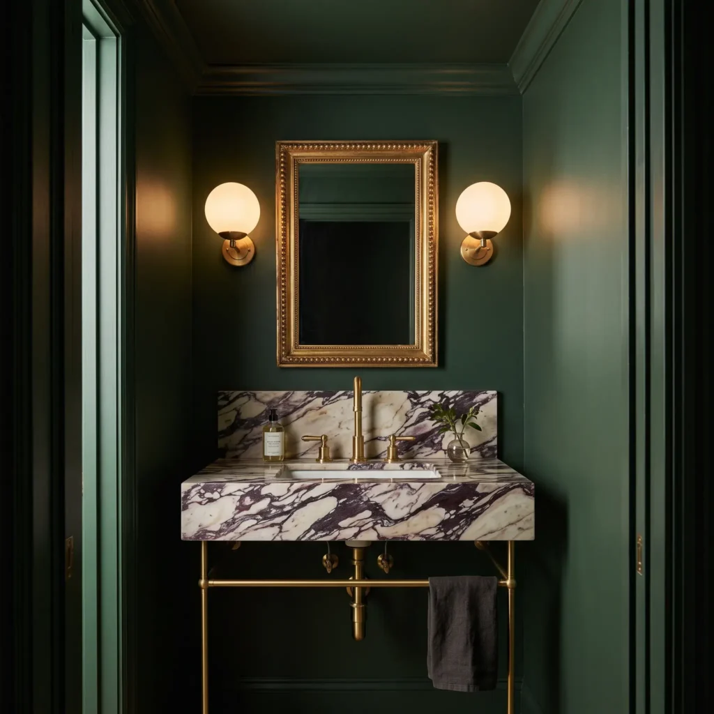 Moody forest green powder room featuring a Calacatta marble console and brass hardware.