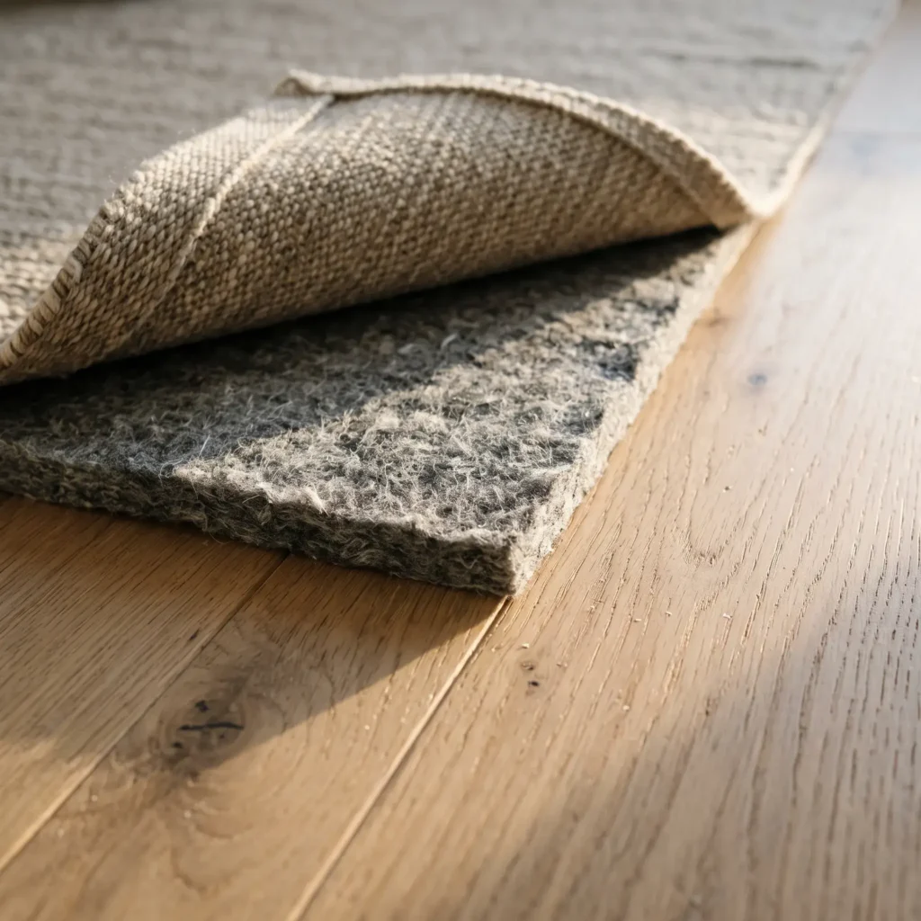 Thick compressed felt rug pad visible beneath a woven wool rug on light oak flooring.