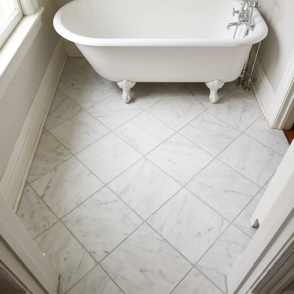 Small bungalow bathroom floor with 12 by 12 inch Carrara marble tiles laid in a 45-degree diagonal pattern.