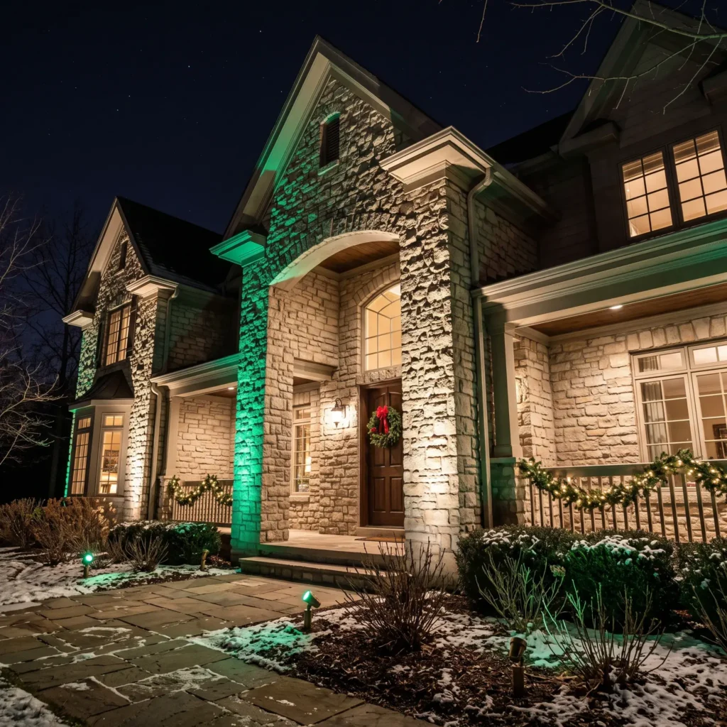  Architectural home facade illuminated in emerald green and warm light using low-voltage ground spotlights.
