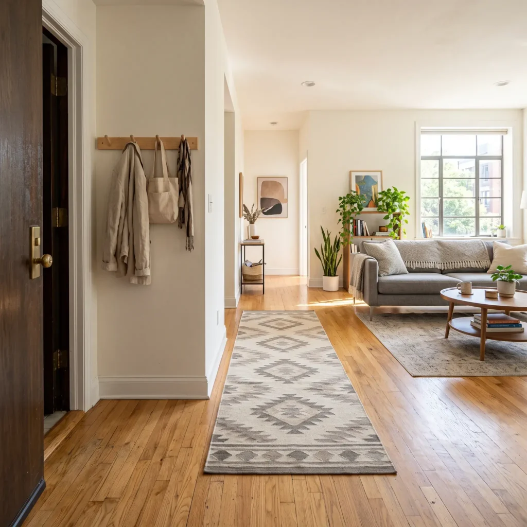 Long patterned flatweave runner rug defining an entryway walkway over hardwood floors in an apartment.