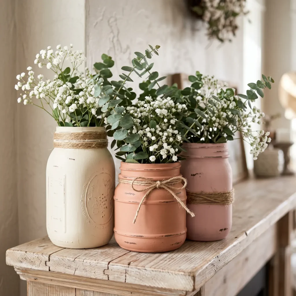Three upcycled glass jars painted in matte blush and cream chalk paint, lightly distressed and holding baby's breath flowers.