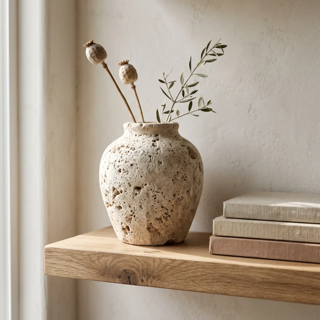  Textured faux-stone beige vase made with baking soda paint displayed on an open white oak shelf.