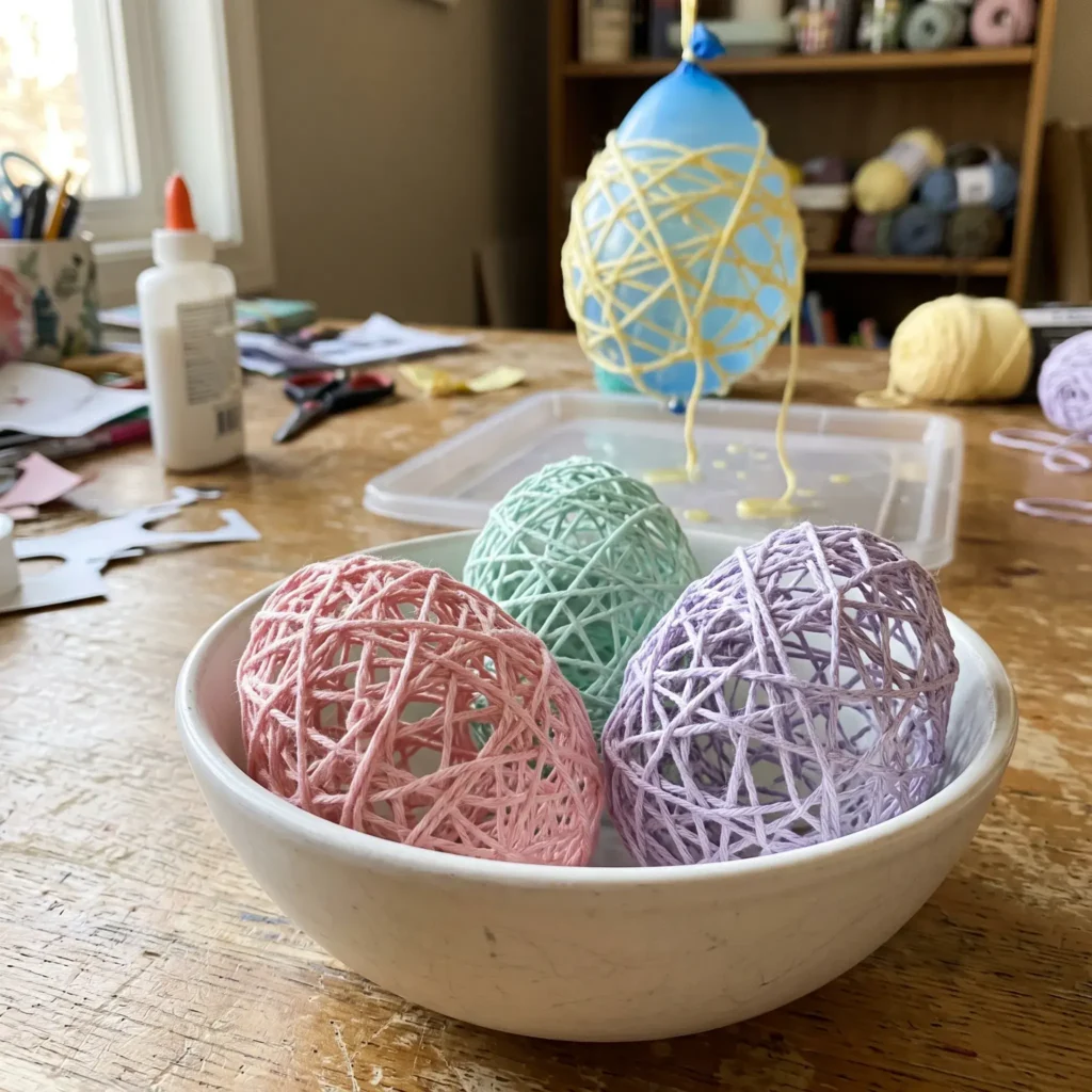 Hollow pastel string Easter eggs made from cotton yarn and craft glue resting in a ceramic dish.