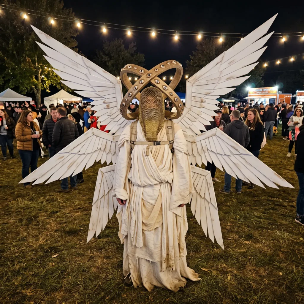 Adult in an elaborate biblically accurate angel costume featuring rotating eye-covered rings and six white wings.