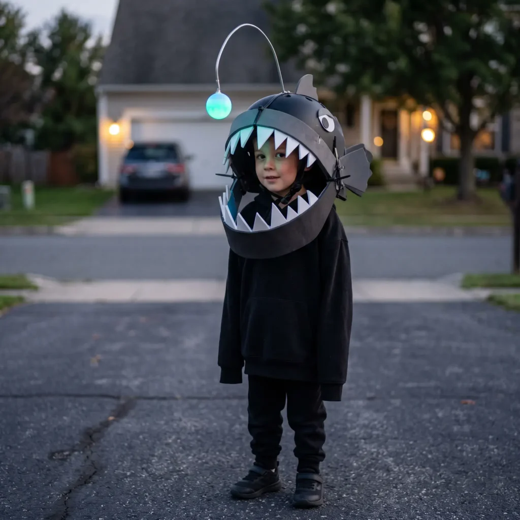 Child wearing an illuminated DIY anglerfish helmet costume made from black craft foam and a glowing ping-pong lure.