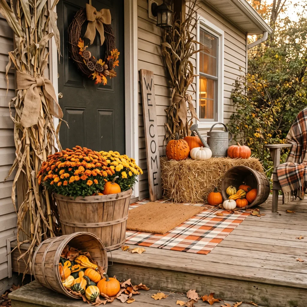 Budget autumn porch arrangement with a wooden bushel basket, foraged branches, and small pumpkins.