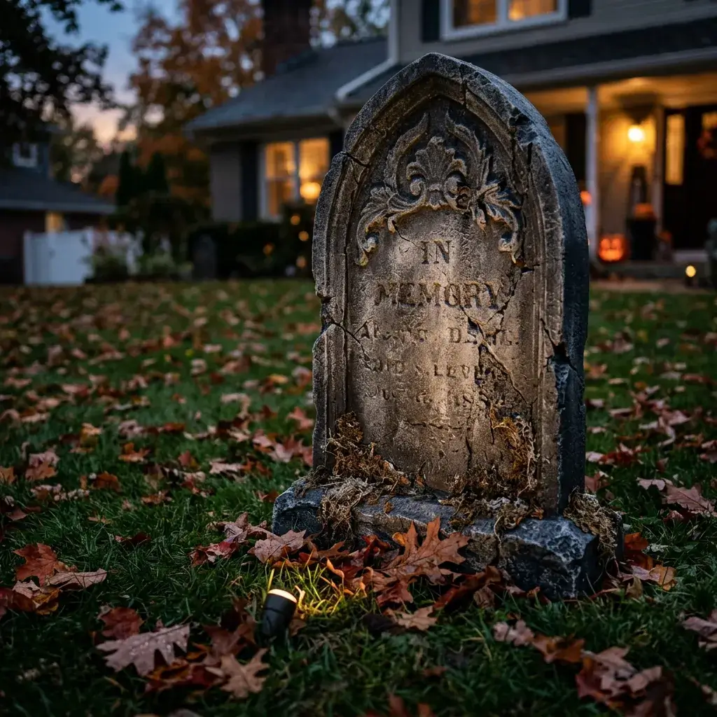Realistic weathered stone cemetery gravestone made from cardboard and drywall joint compound.