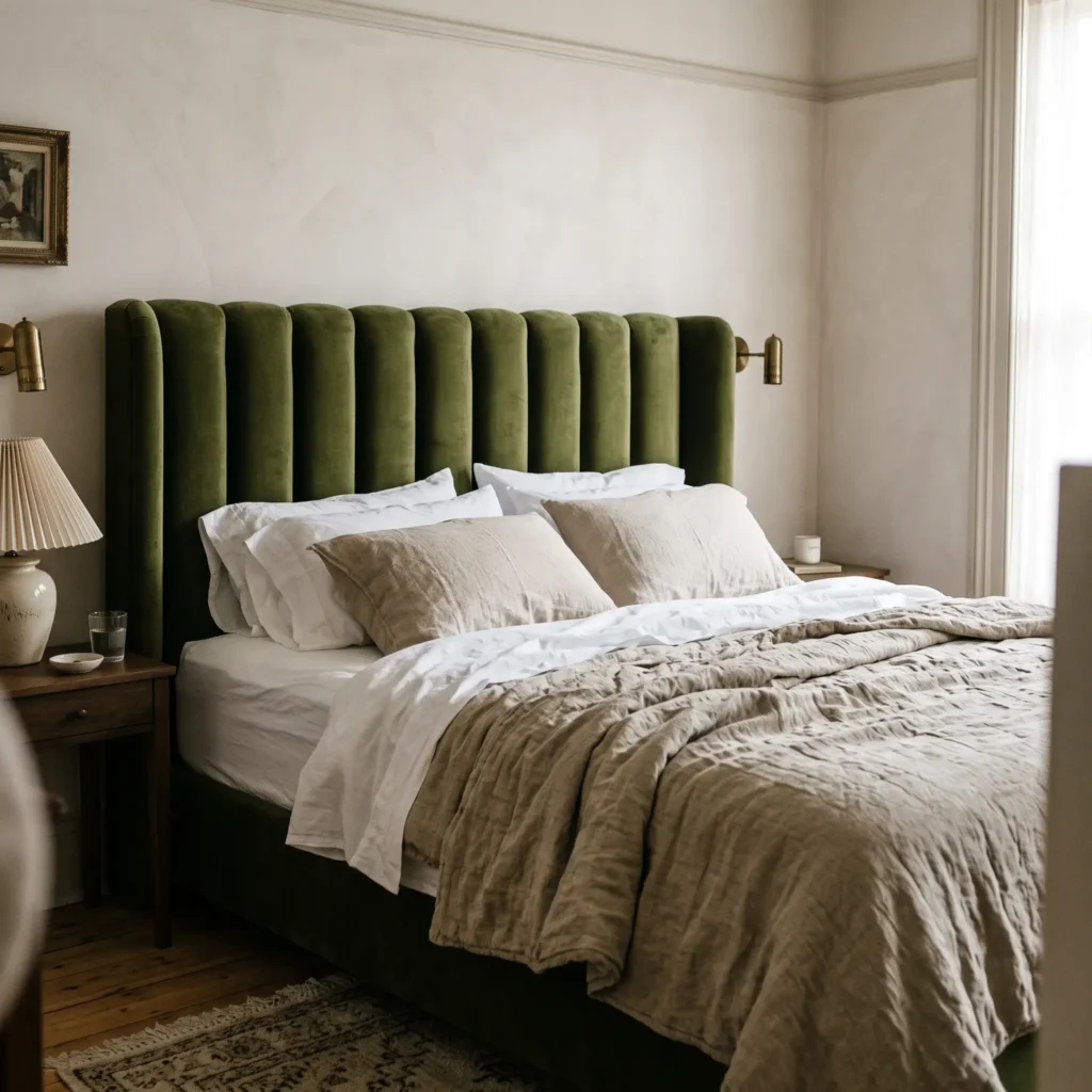 Vertical channel-tufted headboard in olive green performance velvet mounted to a bedroom wall.