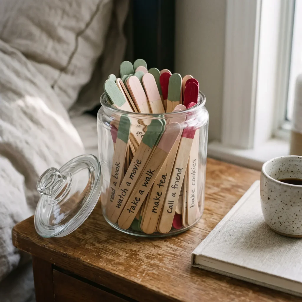 A wide-mouth glass jar filled with color-tipped wooden craft sticks with date ideas written in black ink.