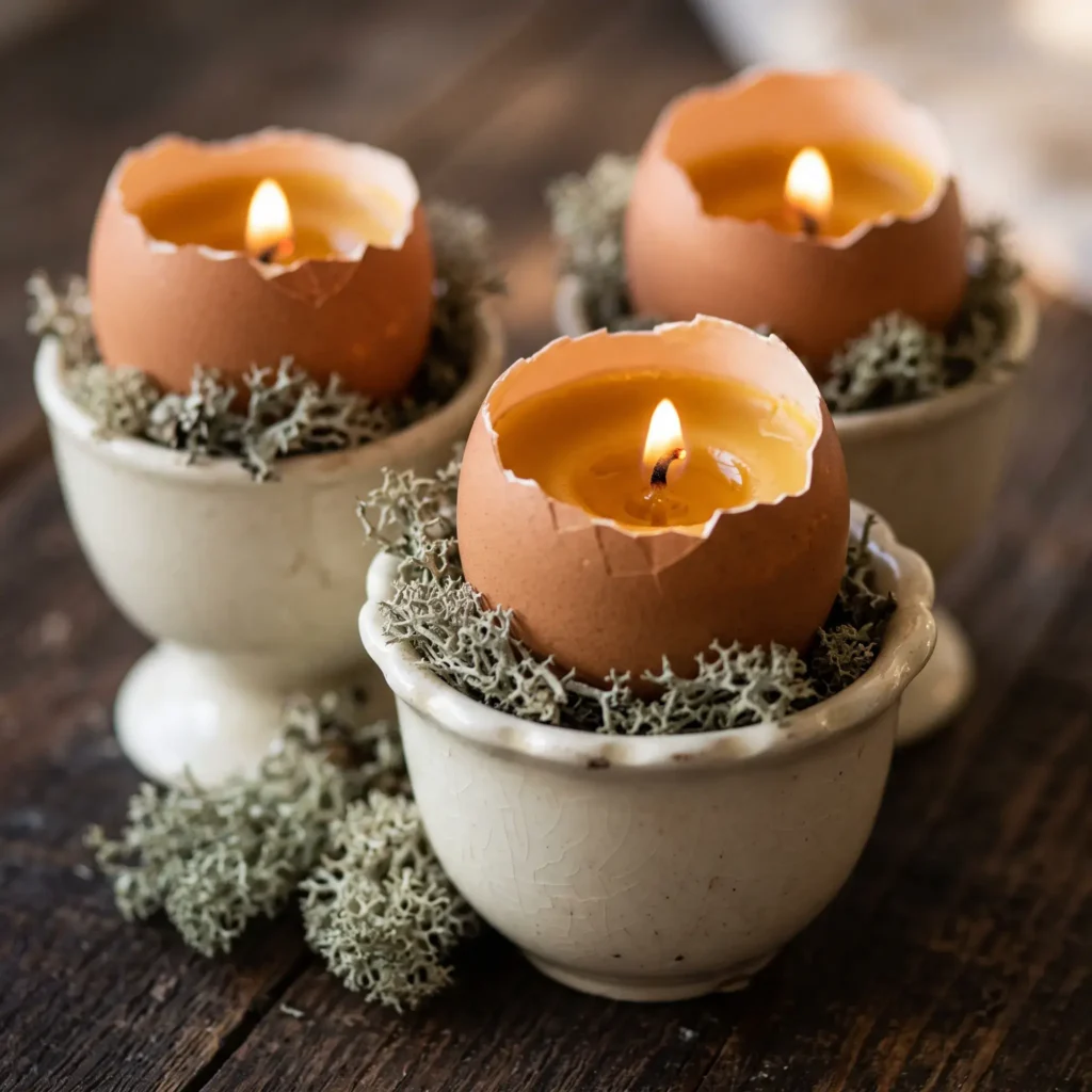 Handmade beeswax candles poured into cracked eggshells sitting in porcelain egg cups with moss.