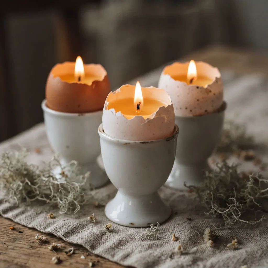 Hand poured yellow beeswax votive candles in natural eggshell halves glowing softly inside white porcelain egg cups.