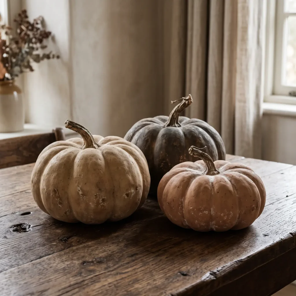 Three textured DIY terracotta pumpkins sitting on an aged wooden console table.