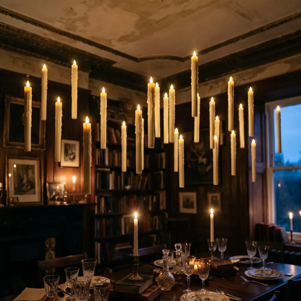 Suspended DIY floating taper candles with flickering warm LED lights against a dark ceiling.