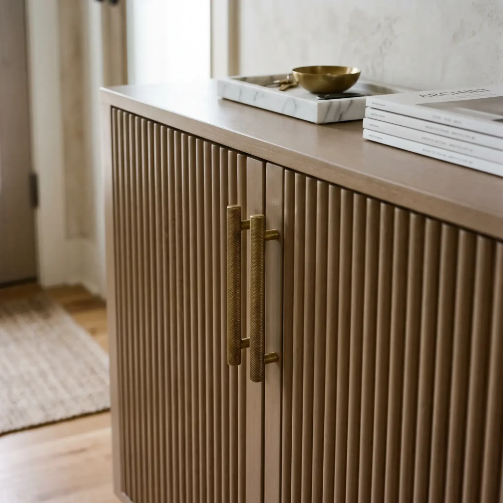 Refurbished entry credenza painted warm greige with fluted timber door profiles and solid brass handles.