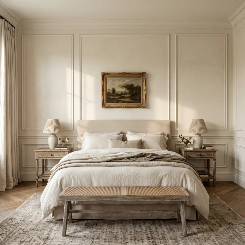 French country bedroom featuring cream applied picture frame boiserie wall moulding behind an upholstered bed