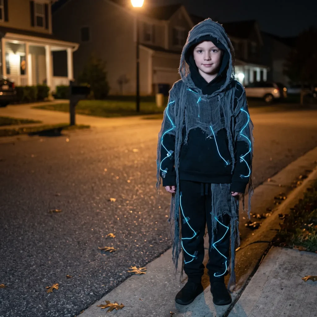 Kid in a ragged black cloth costume with glowing neon blue wire accents along the silhouette.