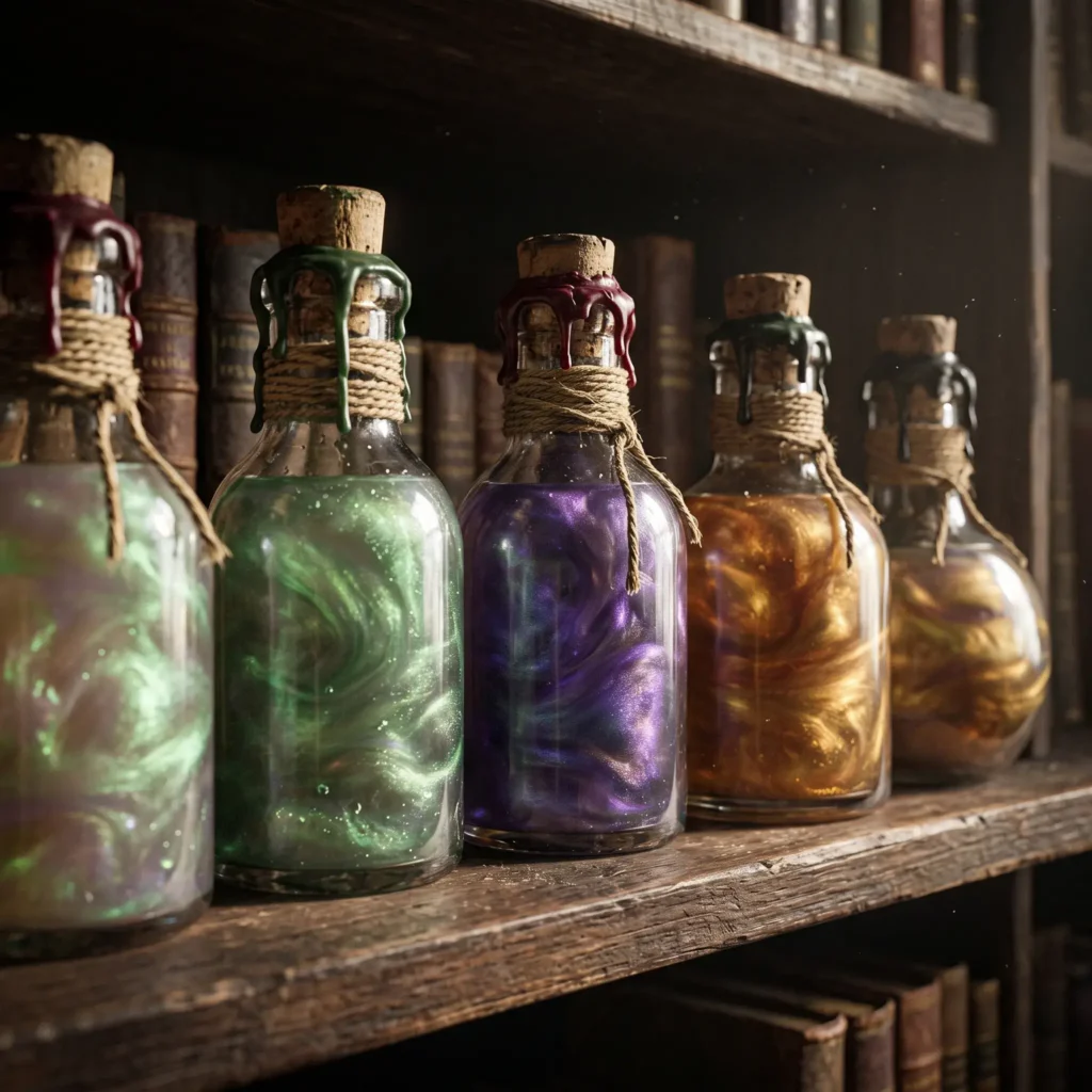 Vintage glass apothecary bottles filled with swirling green and gold mica potion liquids.