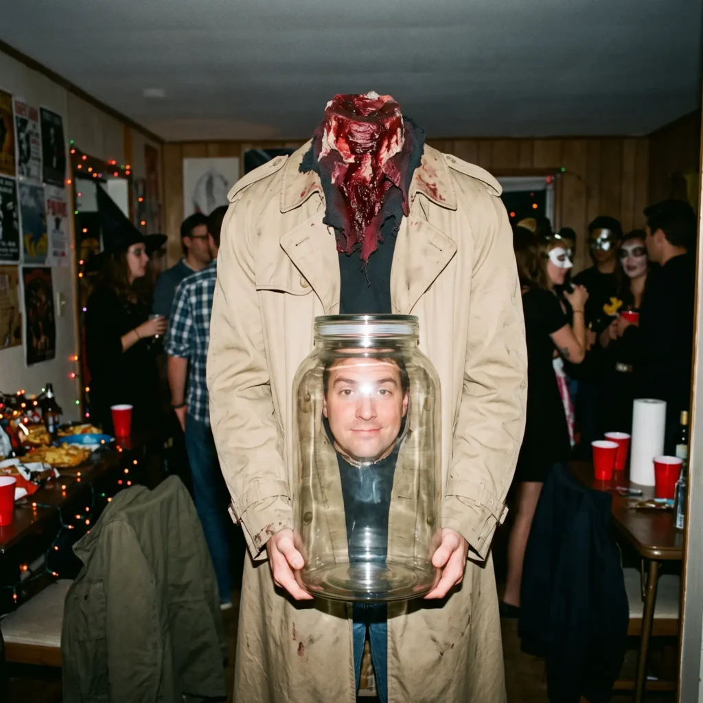 Adult wearing a DIY headless costume holding their own living head inside a clear specimen jar.