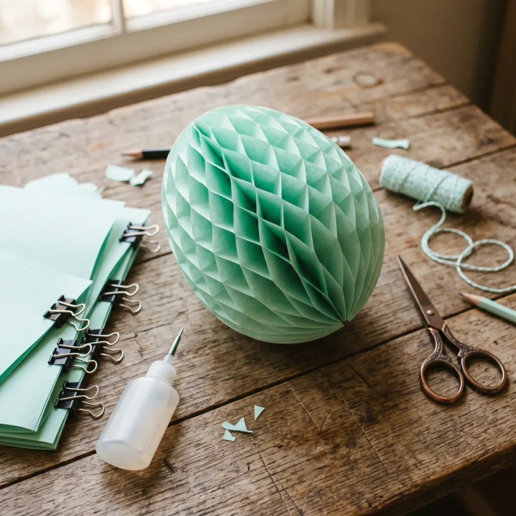 Three dimensional pastel honeycomb paper Easter egg ornament fanned open on a wood work table.