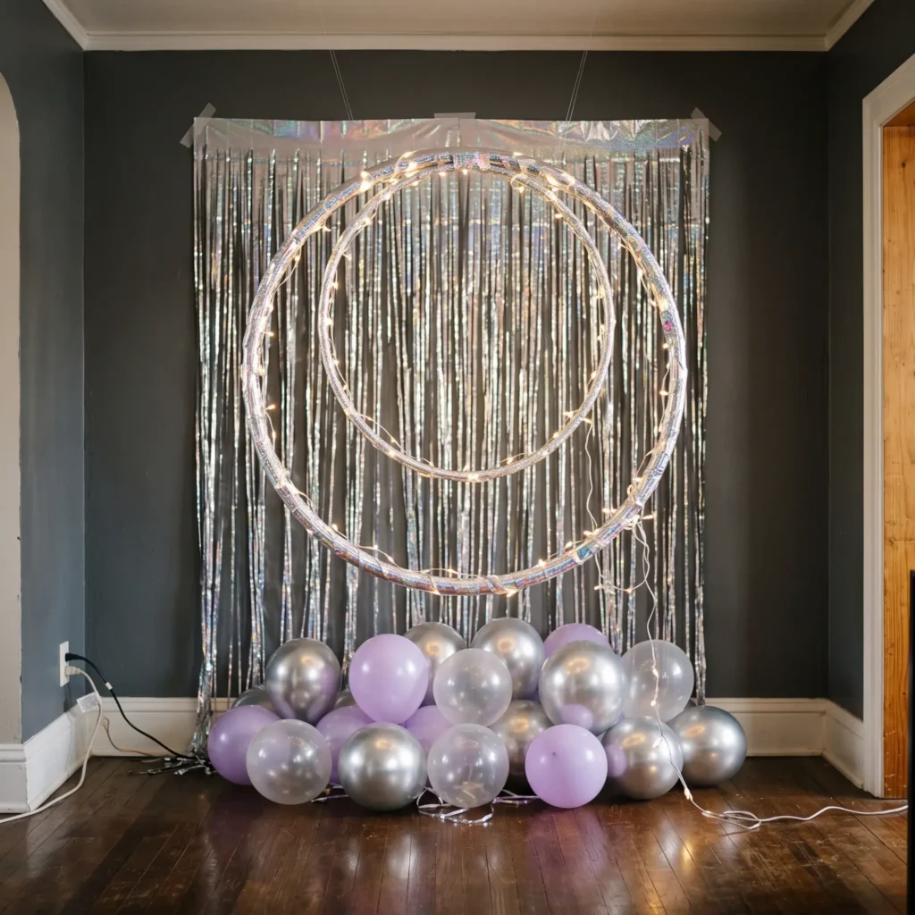 DIY K-Pop Demon Hunter Honmoon portal photo booth with iridescent fringe curtains and LED lighted hoops