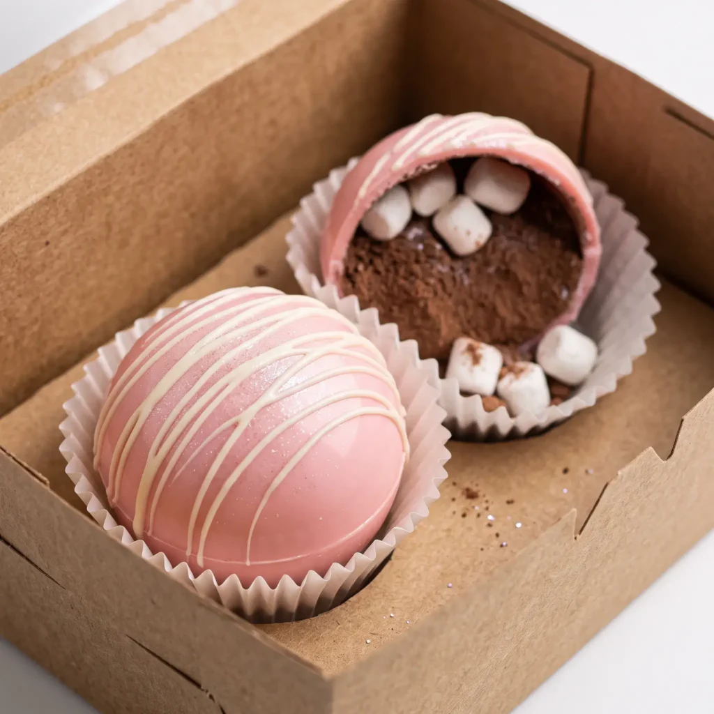 Pink and white chocolate hot cocoa spheres resting in paper cups inside a clear window gift box.