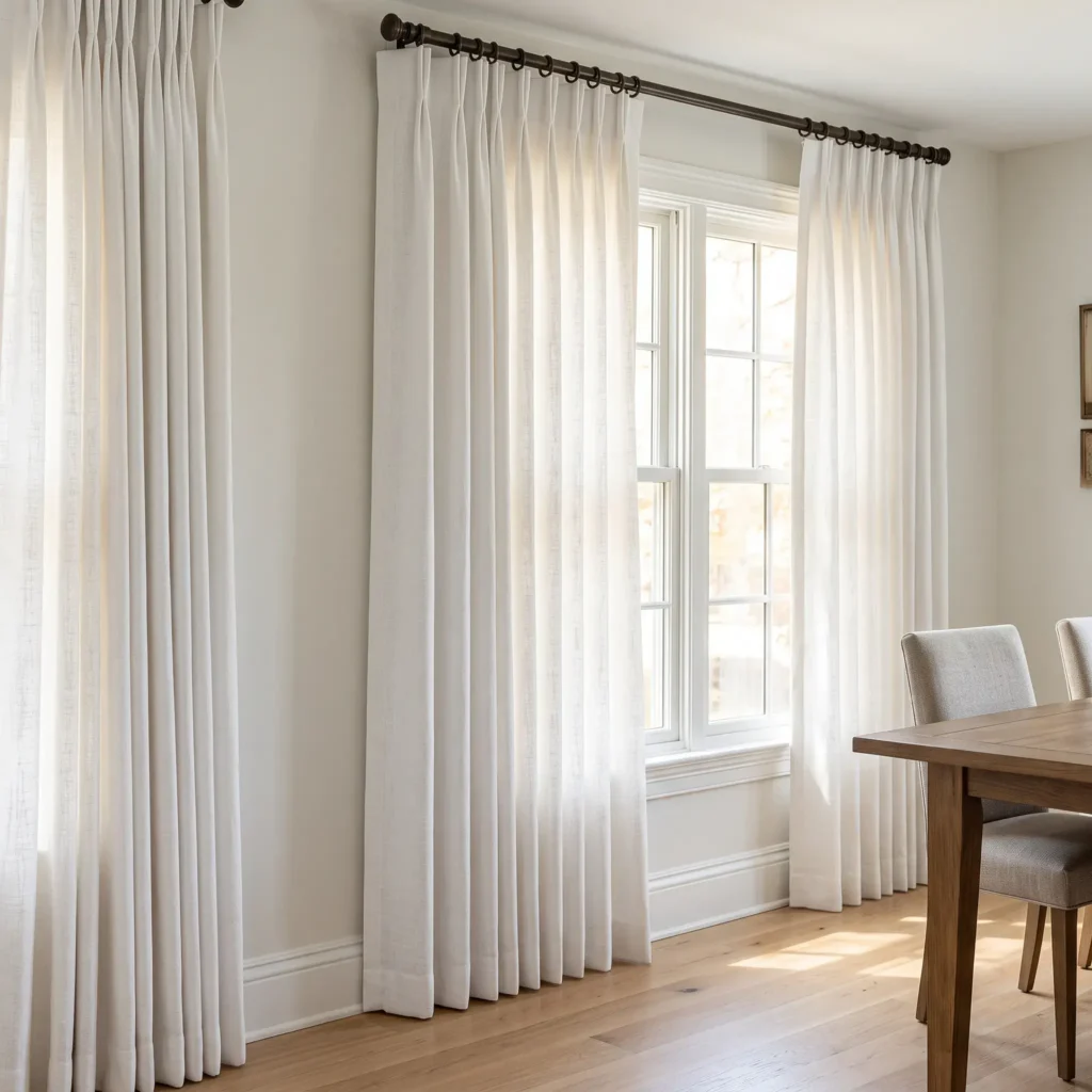Crisp white IKEA Ritva curtains converted into triple pinch pleats hanging from a black rod.