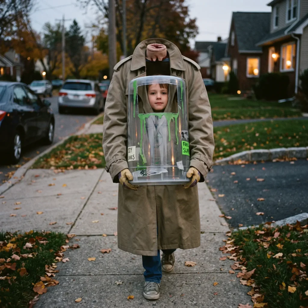 Young boy wearing a DIY head in a jar optical illusion costume made with a backpack frame and trench coat.