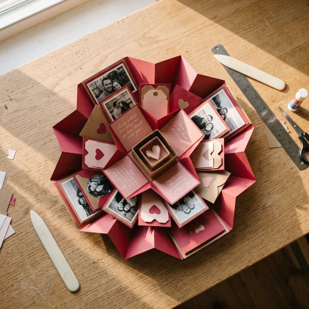 An open handmade black and cream explosion photo box on a wooden desk showing folded picture flaps and love notes.
