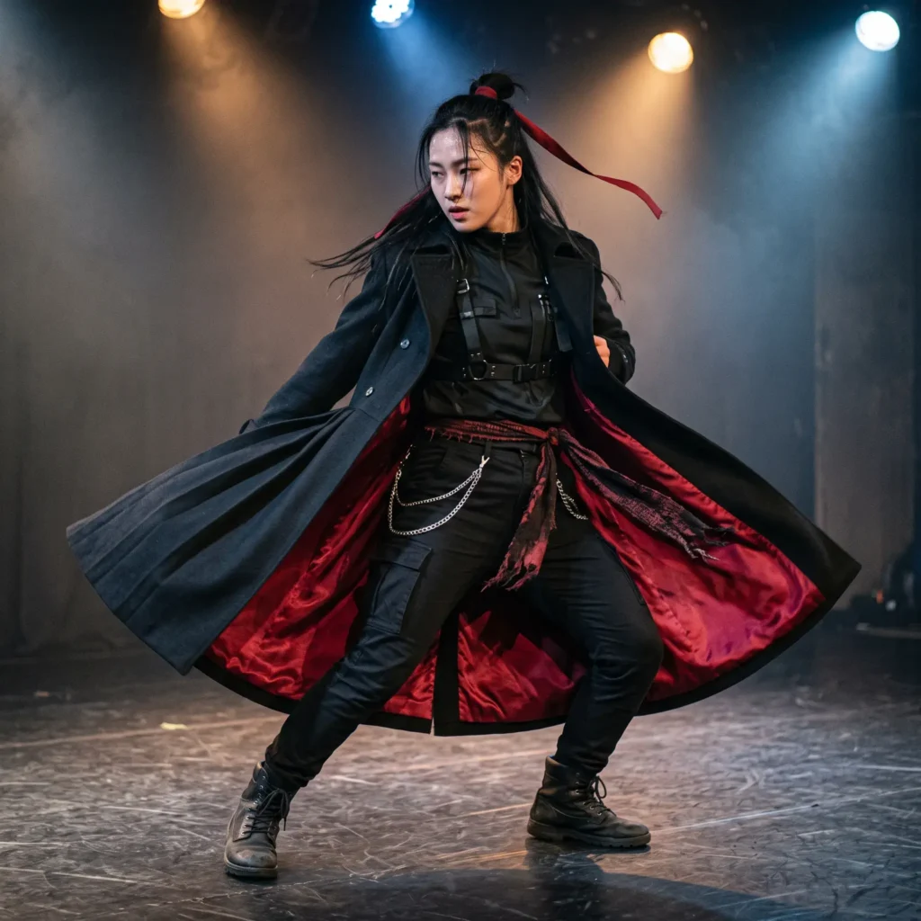 Flowing black DIY cheollik coat over modern streetwear for a K-pop demon hunter costume.