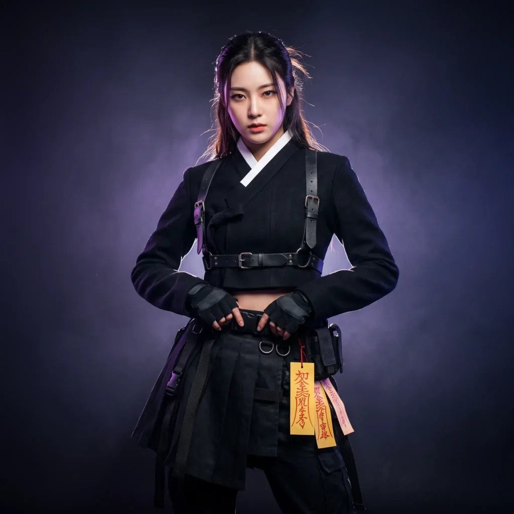 Young woman wearing a DIY modern hanbok K-pop demon hunter costume with a cropped black wrap jacket and chest harness.