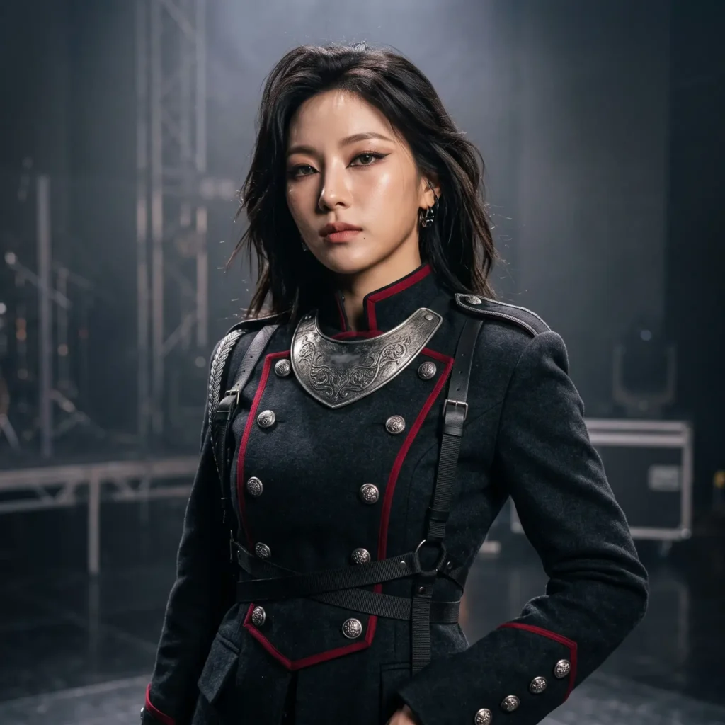Tailored high-collar military jacket and red accents on a DIY K-pop demon hunter outfit.
