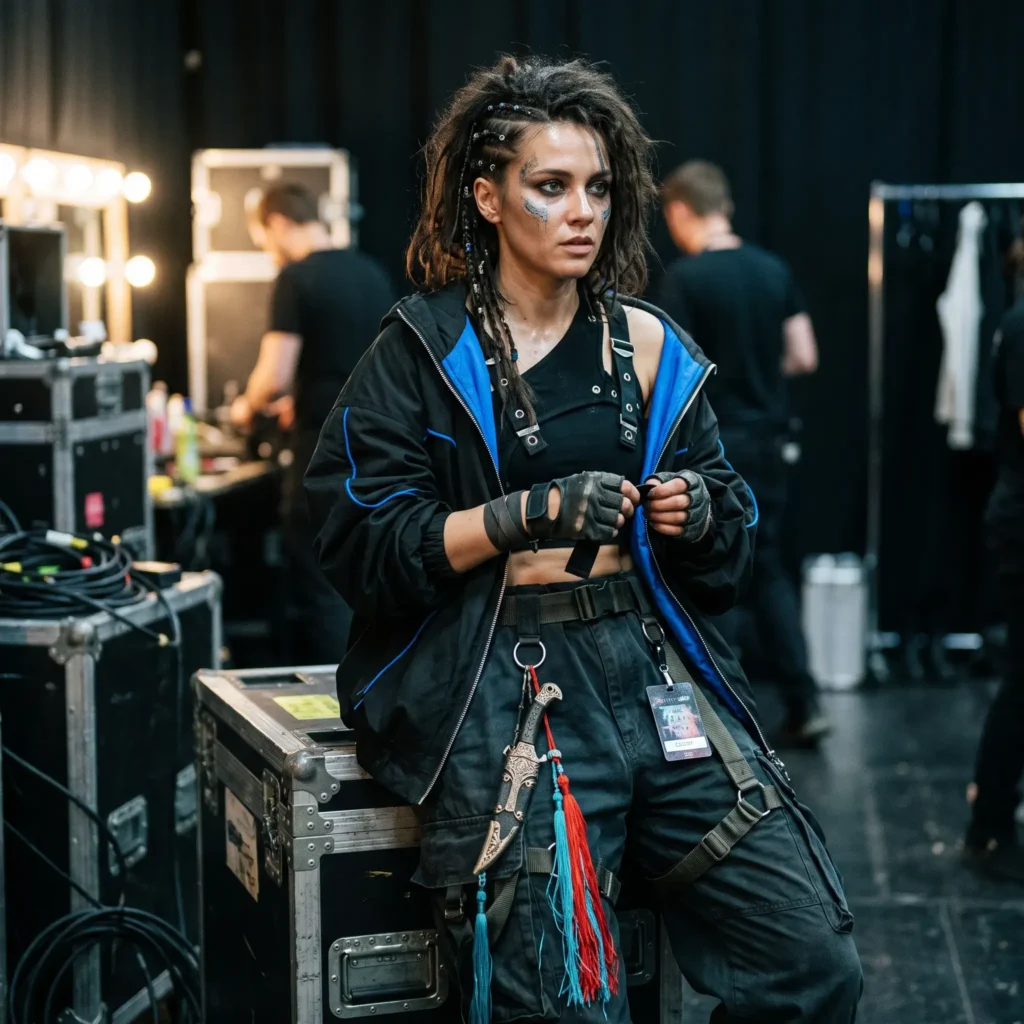 DIY cyber-shaman K-pop demon hunter outfit with cropped jacket, cargo pants, and tasseled ritual daggers.